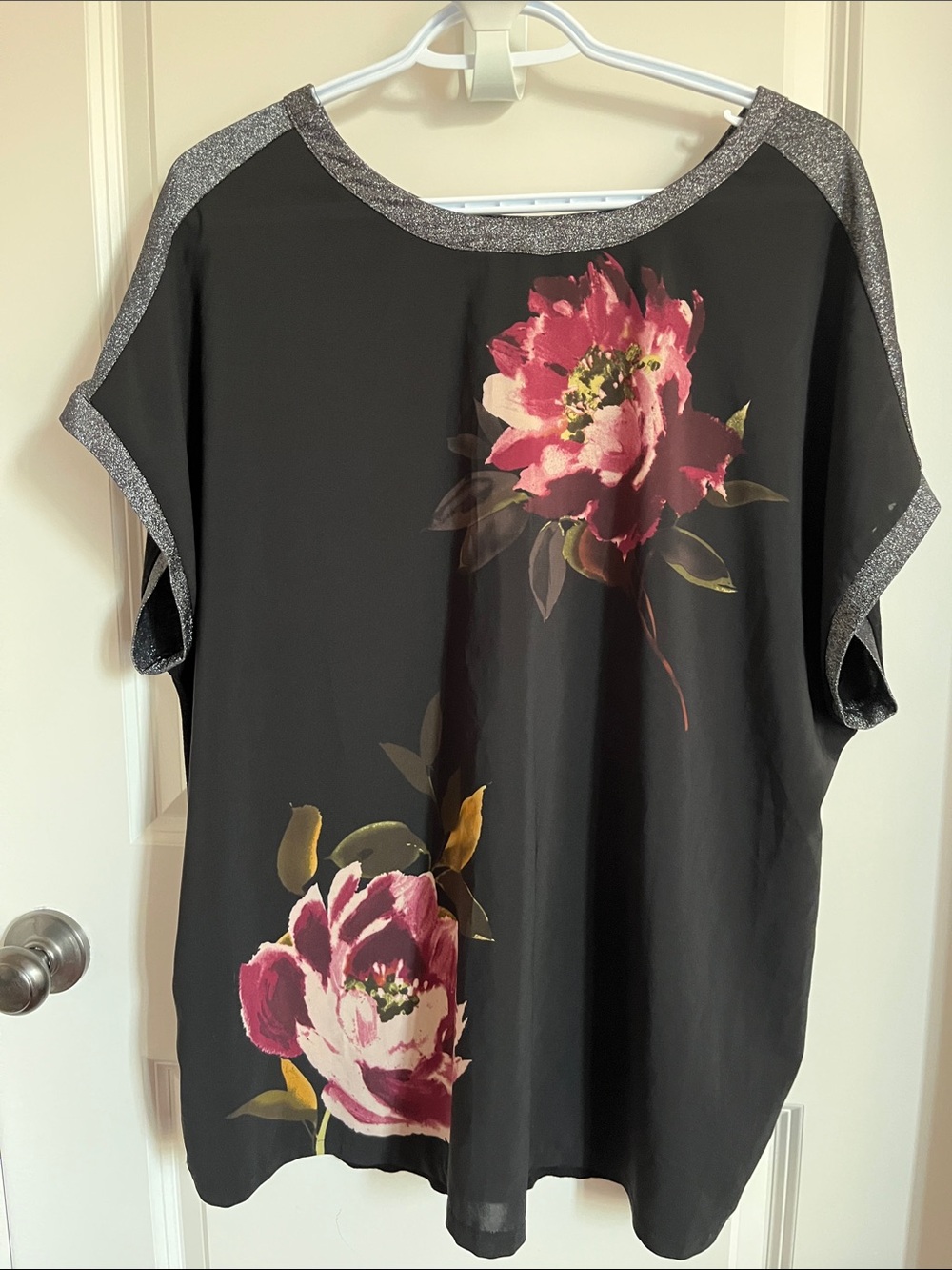 Suzy Shier Black Tunic with Pink Floral Print and Silver Trim